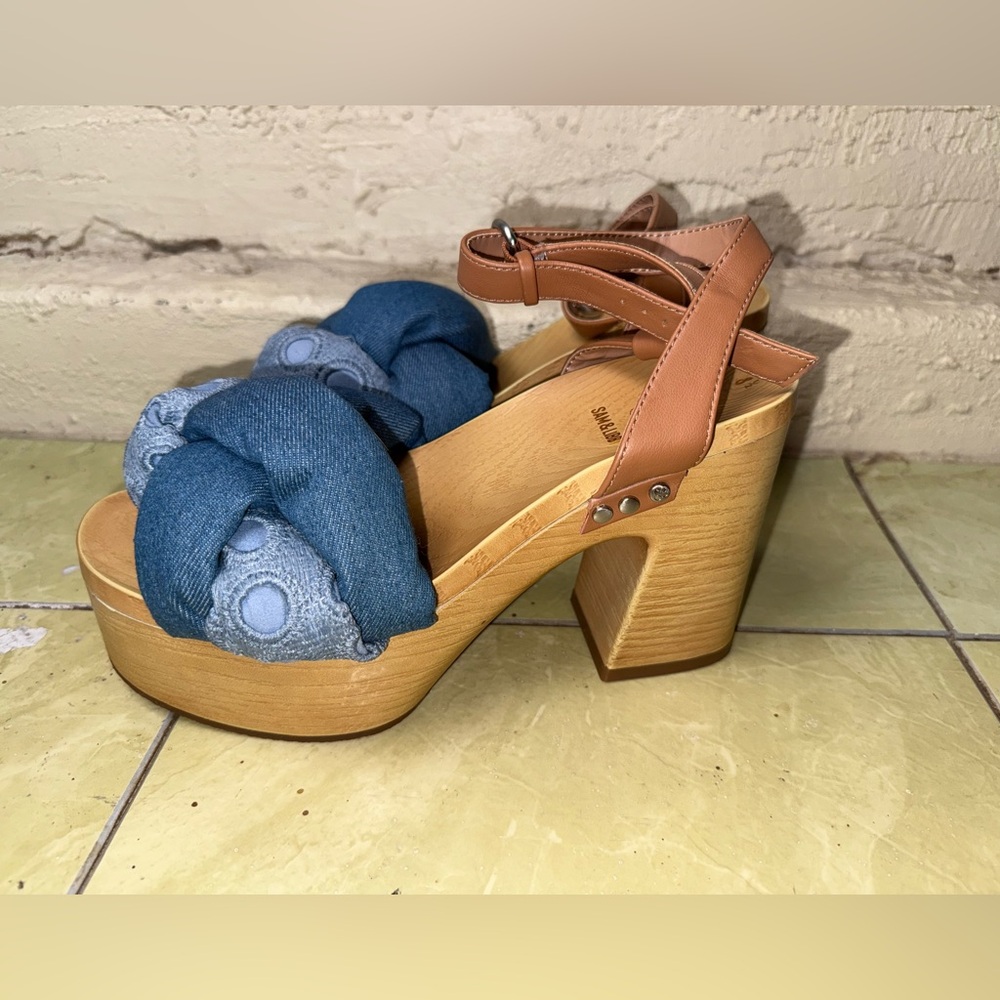 Sam & Libby Denim Knot Platform Clog Sandals Wood Heel Boho Size 8.5 Retro - Picture 7 of 12